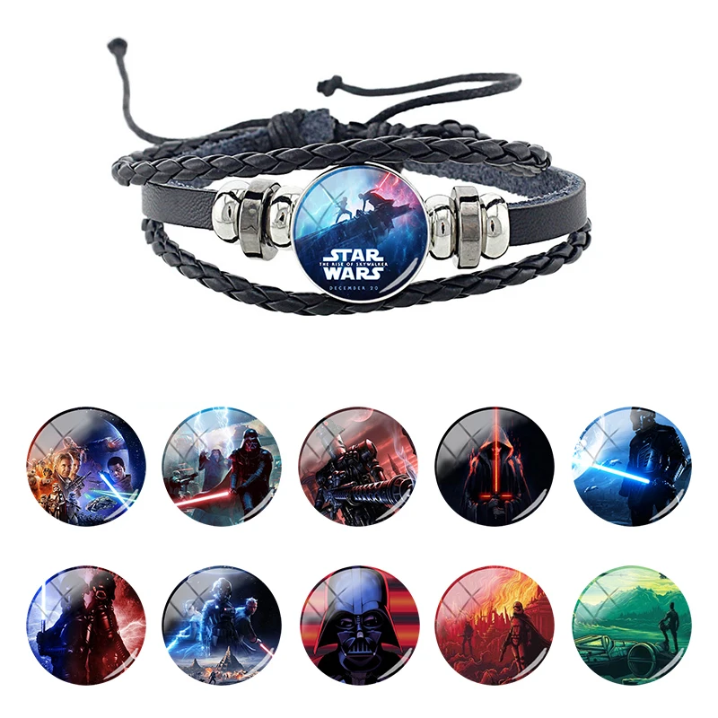 

Disney 18mm Glasss Leather Bracelet Star Wars Roles Cabochon Dome Charm Braided Multi Layer Bangles Cool Punk Jewelry Gift FXQ19