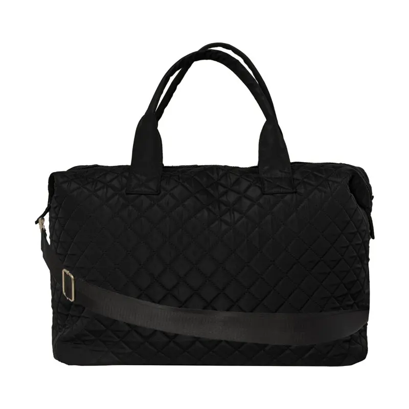 Black Nylon Checkered Pattern Travel Duffle Tote Bag for Women