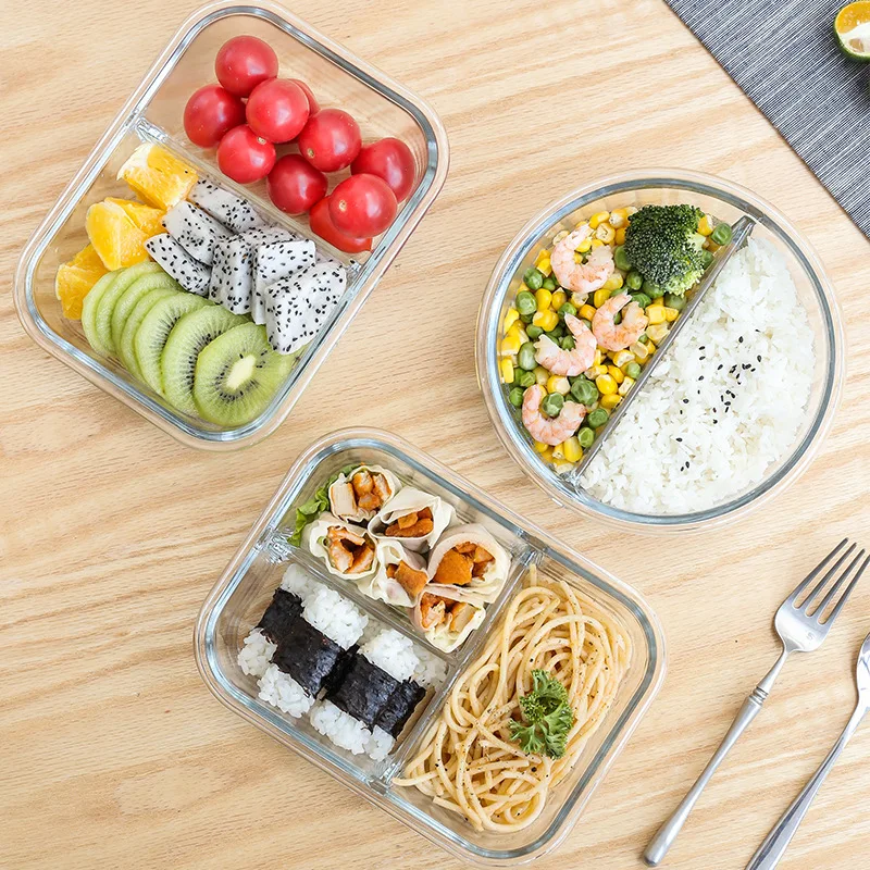 

Microwave Lunch Box glass Dinnerware with Compartment Food Storage Container Children Kids School Office Leakproof Bento Box