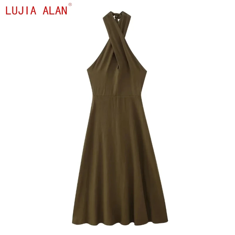 

Autumn New Women's Solid Linen Blend Cross Halter Midi Dress Female Casual Sexy Backless Loose Vestidos LUJIA ALAN WD3185