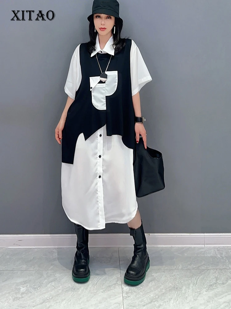 

XITAO, женское платье с одной грудью, модное, женское, богиня, веер, повседневный стиль, лето 2023, элегантное, свободное, элегантное платье до середины икры, комплект, WLD13665