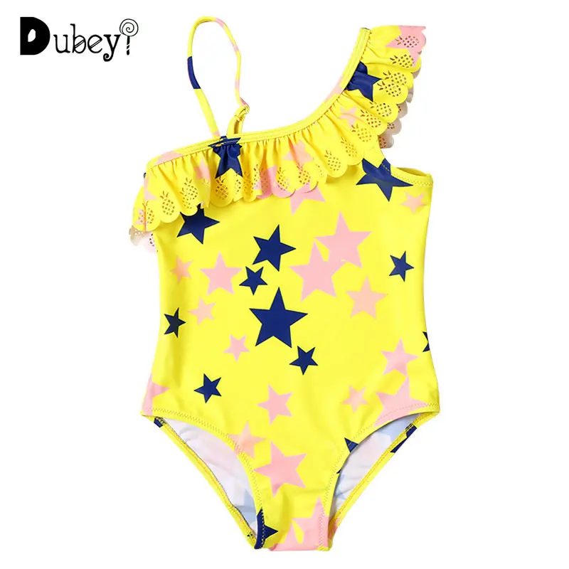 

Купальник для маленьких девочек, купальник на одно плечо с оборками, Детские Желтые бикини для девочек, модный летний купальный костюм