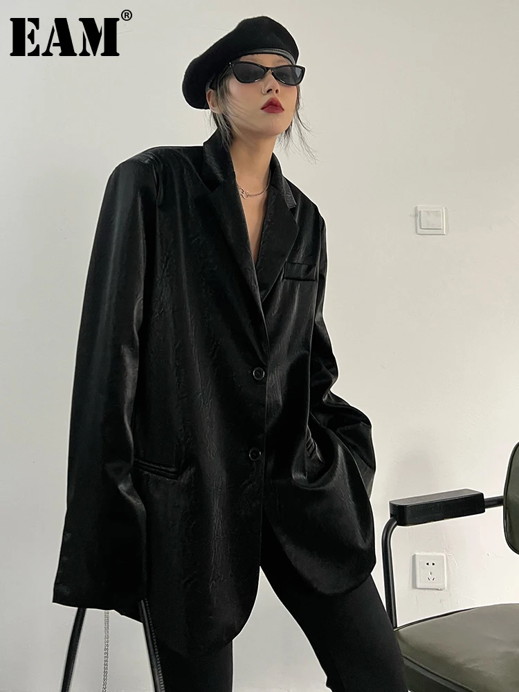 

[EAM] Loose Fit Black Pu Leather Big Size Casual Jacket New Lapel Long Sleeve Women Coat Fashion Tide Spring Autumn 2023 1DF0085
