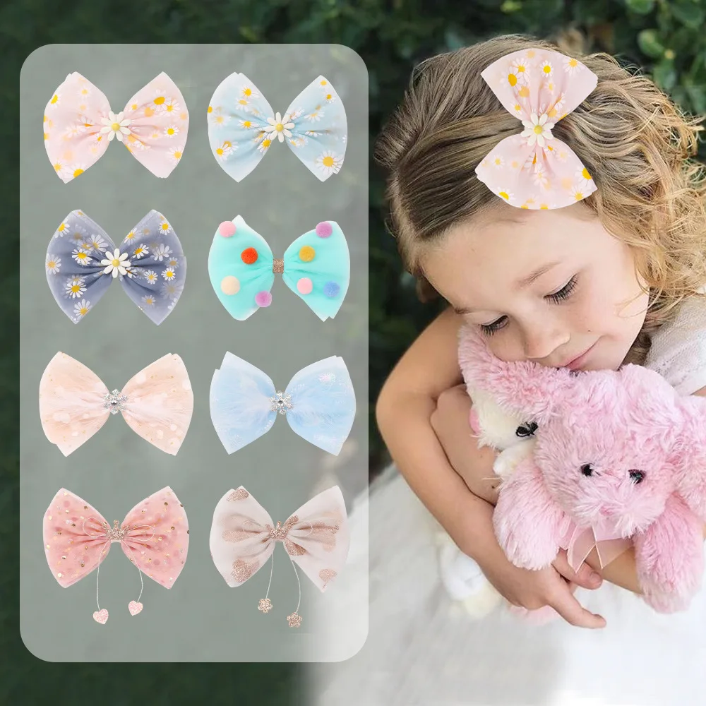 

Sweet Girls Daisy Hairpins Children Gauze Bow Crown Glitter Rhinestone Hair Clips Kids Headwear Hair Accessories