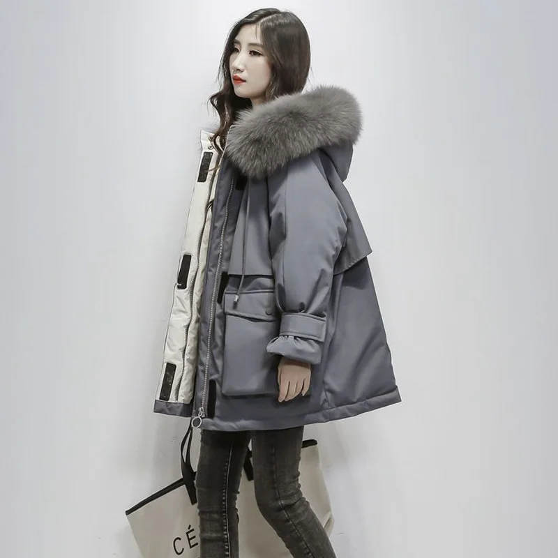 

Korean Pai Long Conquer Medium 2023 New Down Women's Loose Thickened Large Wool Collar Cotton Coat