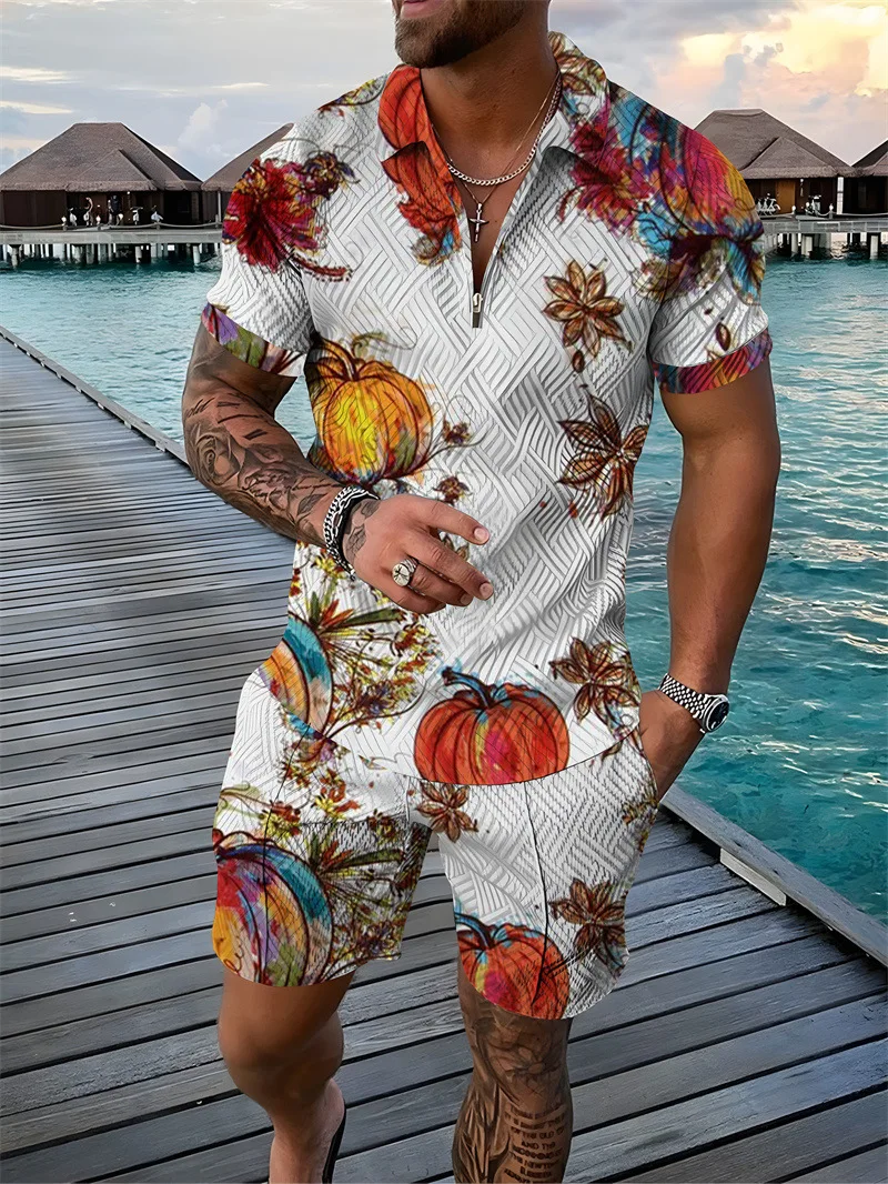 2023 Men's Short Sleeve Shorts Set Flower 3d Print Fashion Lapel Zipper Loose POLO Short Sleeve Two-piece Size S-3XL