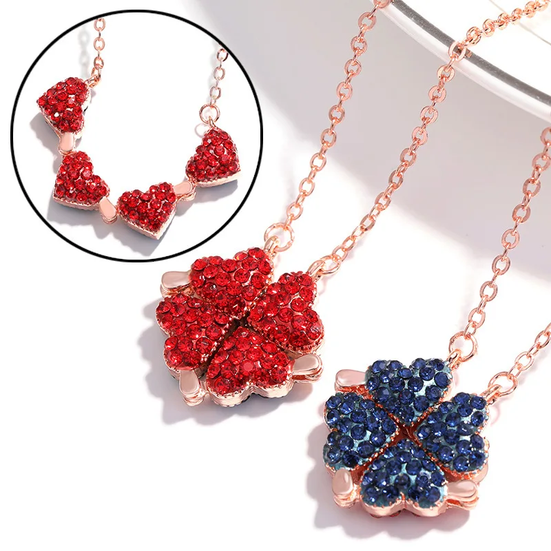 

Fashion Women Girls Alloy Necklace Creative Red Blue Double Sided Four Heart Clover Pendant Lucky Grass Clavicle Chain Necklaces