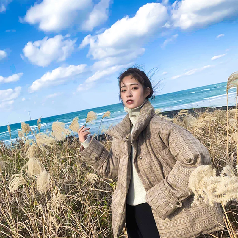 2023 New Korean Style Loose Bread Clothes Thick Winter Jackets Coats Down Cotton Overcoat Female Short Paragraph Lattice Tide