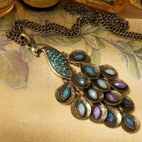 fashion vintage colors hollow cute peacock pendant necklace retro hollow carved sweater chain for women long necklaces
