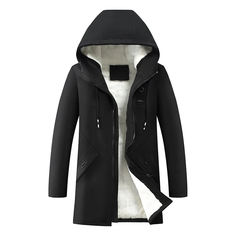 New Parkas Jackets for Men  Long Hooded Coat Winter New Warm Thick  Fleece Parkas Jacket Mens Cotton Windproof Solid Color Coats