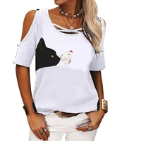 summer fashion off shoulder top cat print t shirt women short sleeve top round collar tee shirt loose ladies casual t shirt