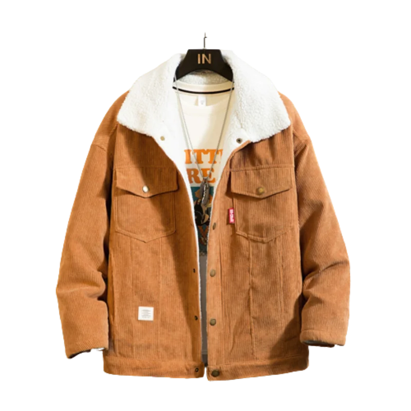 Plus Size Loose Thickened Imitation Lamb Wool Corduroy Cotton Coat Men's Fashion Casual Cardigan Winter Warm Coat Korean Clothes