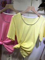 candy color simple loose leisure pullover tees for ladies 2022 summer new rhinestone short sleeve versatile t shirt womens