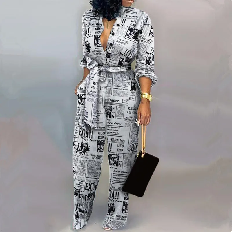 Autumn Winter Thick Color Block Button Up Causal Rompers Womens Jumpsuit Full Sleeve Sashes Wide Leg Bodysuit Sexy Long Playsuit