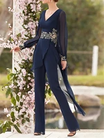 pantsuit jumpsuit mother of the bride dress elegant v neck floor length chiffon lace long sleeve with appliques