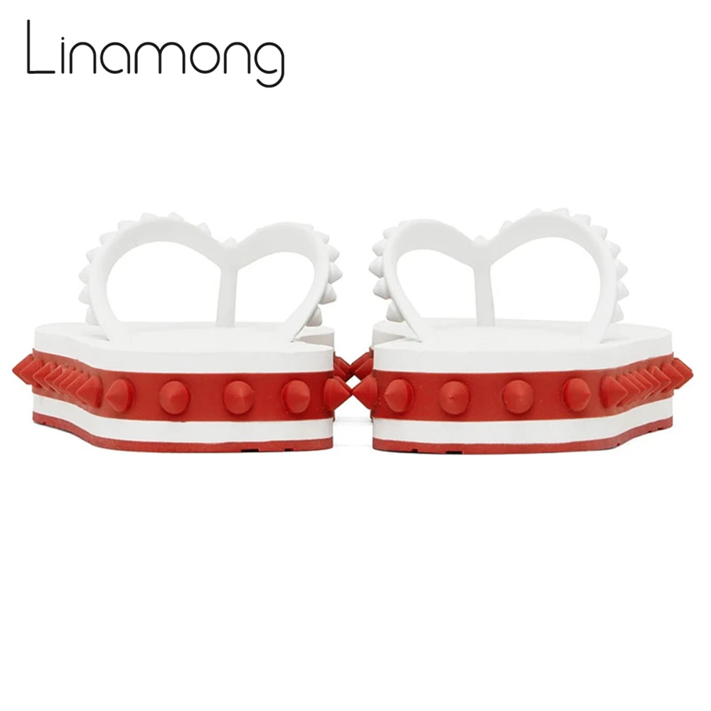 Rivet Beach Flip Flops Rubber Slip-On Flat Sandals Red and White Platform Slippers for Women Designer Fashion Summer Flat Shoes