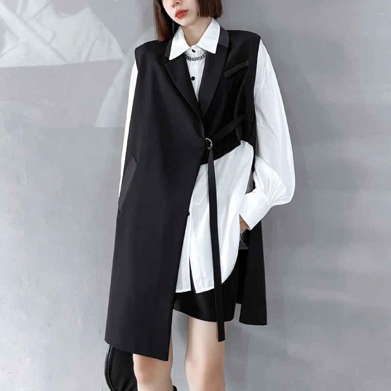 

Irregular Suit Collar Sleeveless Black Vest Coat Women Men Summer 2022 Loose Personalized Streetwear Gothic Korean Jacket 1100
