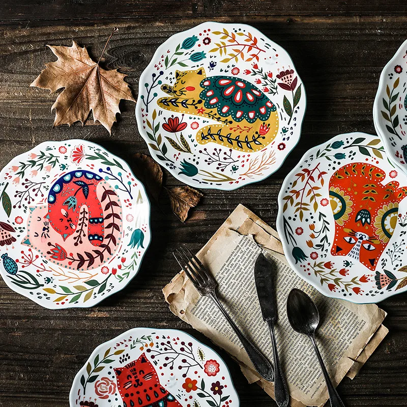 

8 Inch Cartoon Hand Painted Cat Plate Underglaze Ceramic Tableware Dessert Plate Microwave Snack Snack Steak Plate