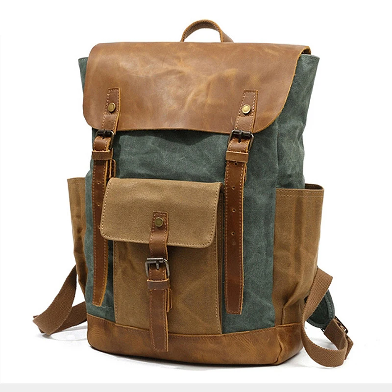 Men Backpack Waterproof Computer Laptop Bag Vintage Canvas Large Capacity Travel Backpacks Leather Military Male Backpack School