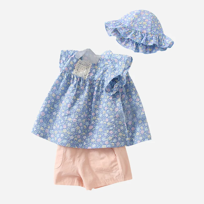 

2023 New Born Children Baby Clothes Blue Floral Top Pink Pants With Hat Fashion Cotton Baby Clothes Summer Suit