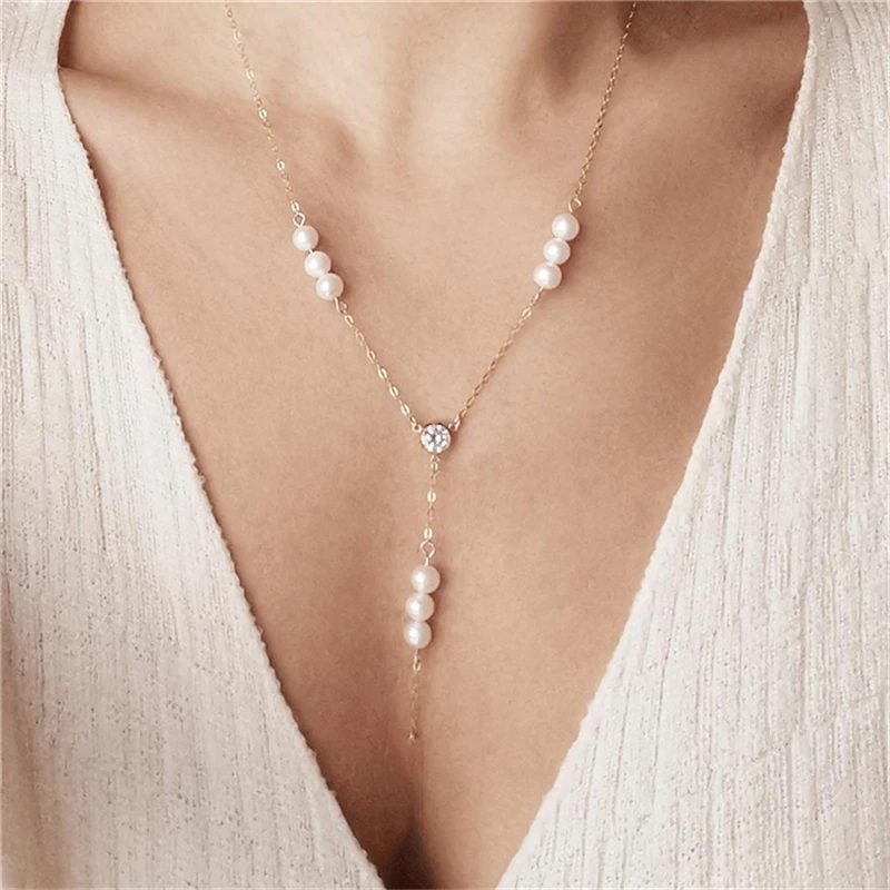 

Shiny Zircon Y Necklace Real 14K Gold Filled Choker Handmade Jewelry Natural Pearl Pendants Collier Femme Collares Boho Necklace