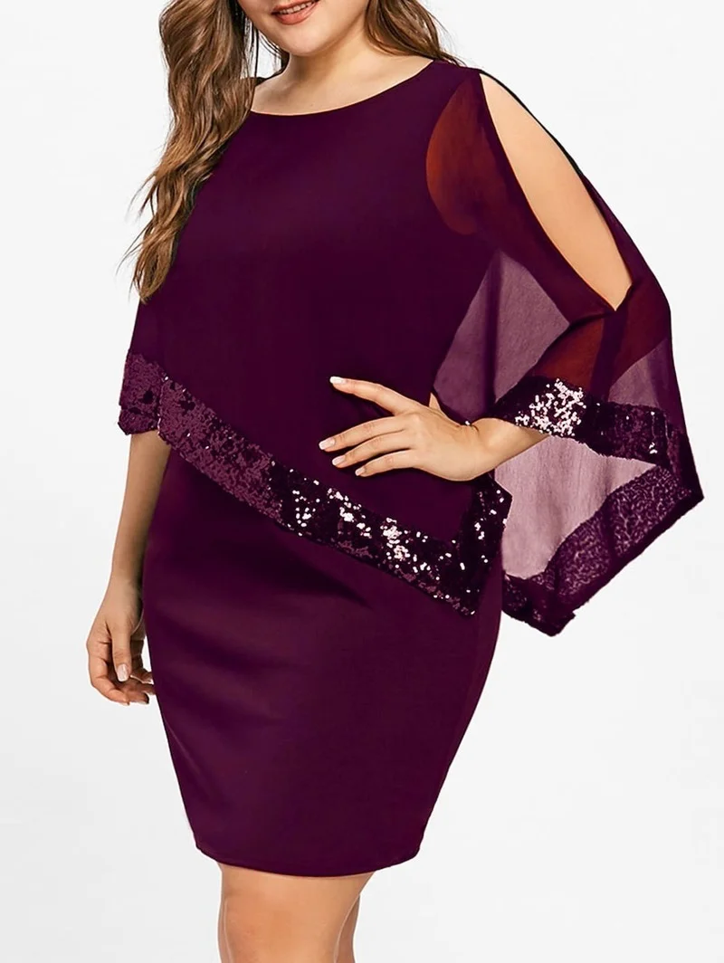 Plus Size Elegant Dresses for Women Lace Cold Shoulder Overlay Asymmetric Chiffon Strapless Sequins Dress Vestidos