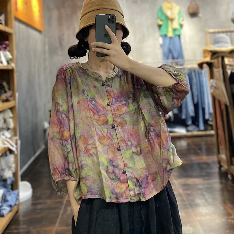 Женская свободная рубашка с коротким рукавом однобортная блузка из хлопка и льна