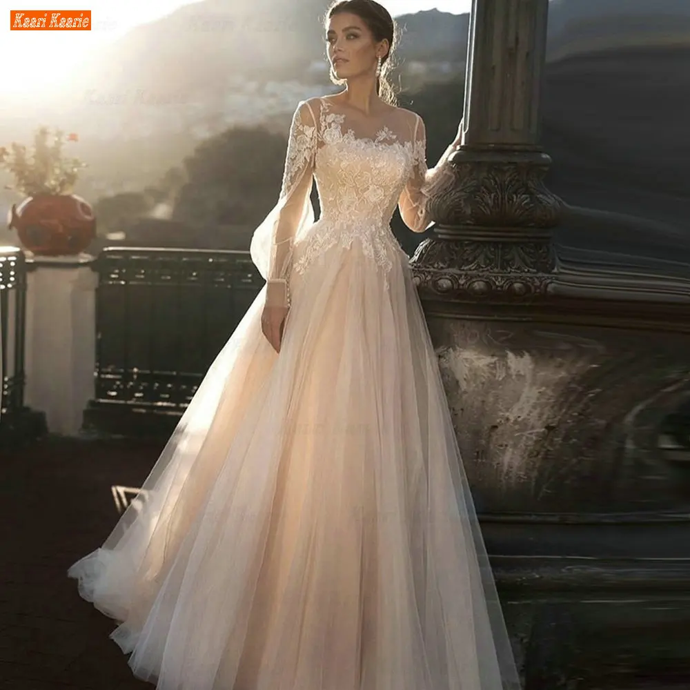 

Elegant O Neck Wedding Gowns Long Sleeve Abito Da Sposa Lace Appliques A Line Bridal Dresses Women Custom Made Robe De Mariée