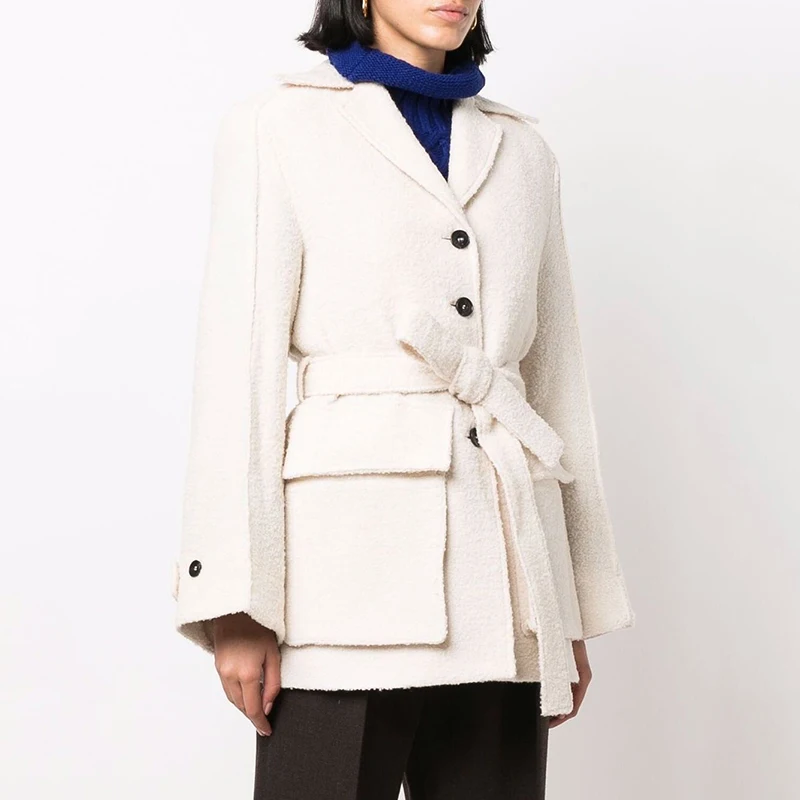 

Блейзер Женский шерстяной на пуговицах, свободный твидовый пиджак средней длины с большими карманами, поясом и поясом, Осень-зима