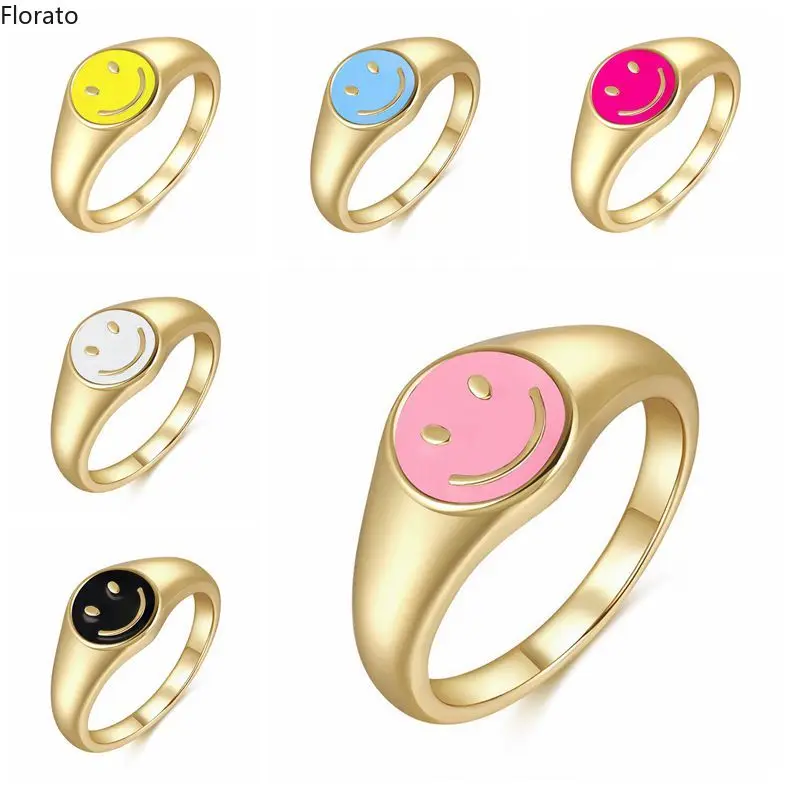 

YUXINTOME 24K Gold Plated Silver 2022 Trend Cute Smiley Face Pattern Rings For Women Enamel Smiling Face Resizable Ring Jewelry