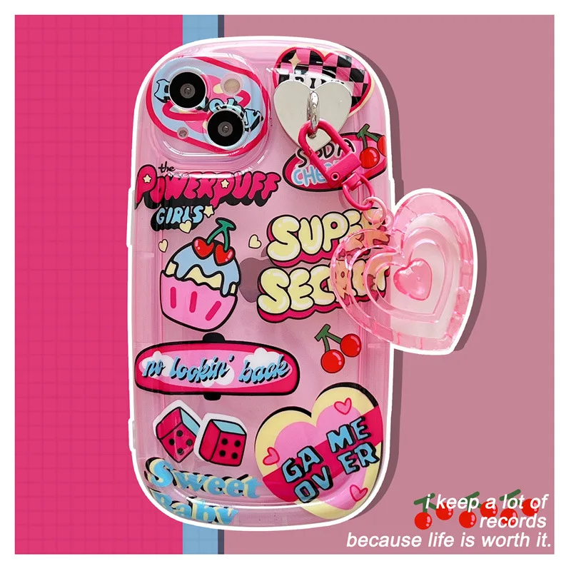 

Cartoon Cute Y2k Korean Pink Heart Pendant Phone Case For iPhone 12 13 14 11 Pro Max Capa XR XS Fashion Women Girl Casing Cover