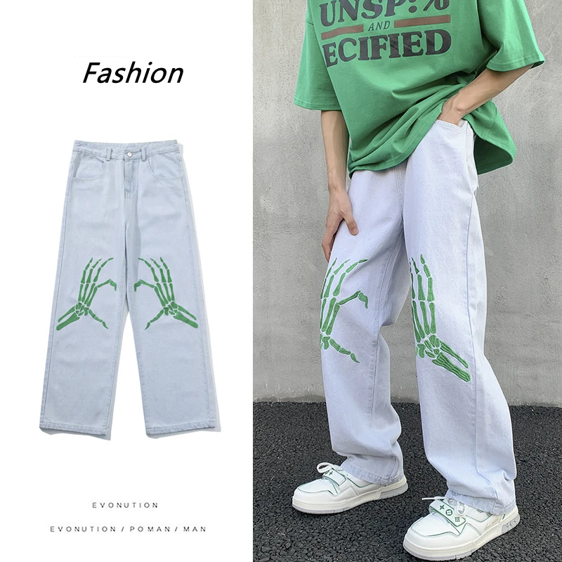 

Мужские джинсы в стиле хип-хоп 2023, джинсовые брюки с широкими штанинами, свободные прямые свободные брюки-карго, стандартные повседневные мешковатые мужские джинсы