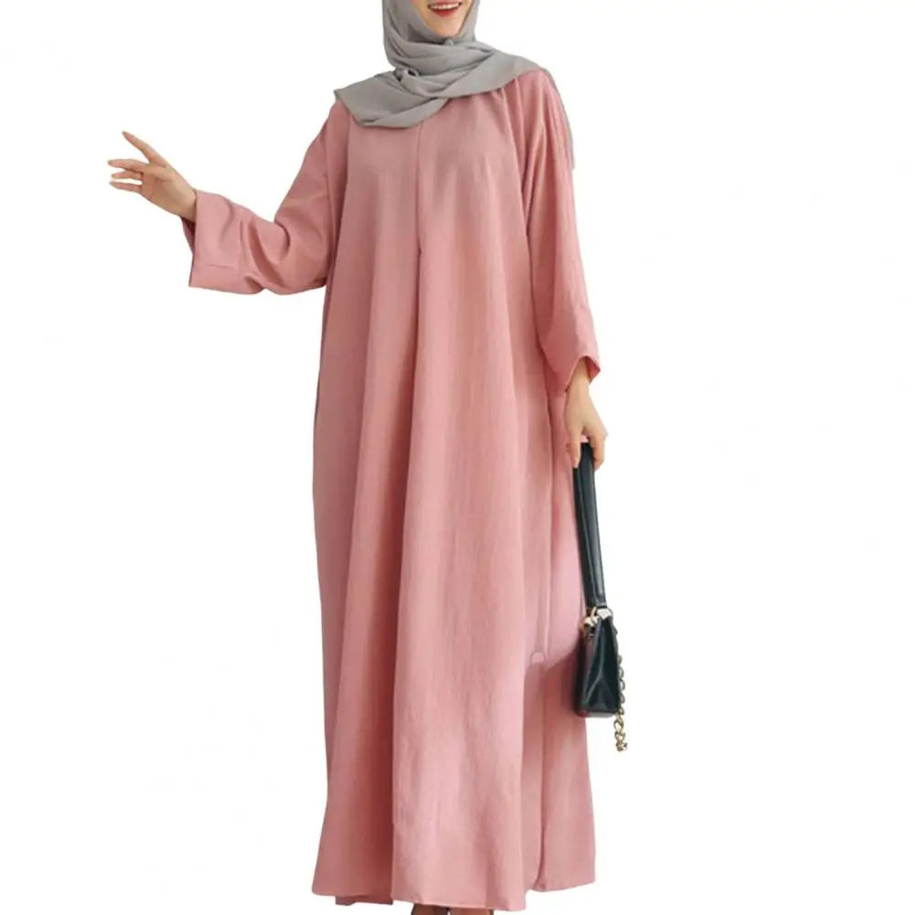 

Women Long Sleeve Shirt Dress O-neck Batwing Long Sleeve Slant Pockets Elegant Solid Color Large Hem Traditional Dress