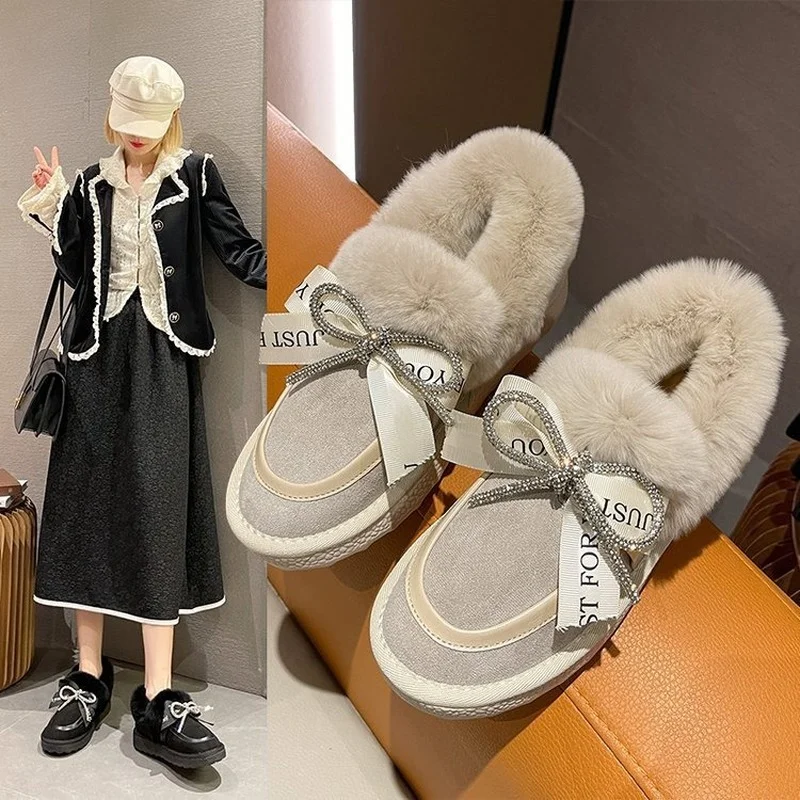 

Warm Short Cotton Boots Women's 2022 Winter New Bow Rhinestone Flat Cotton Shoes Women's Fashion Casual Snow Boots