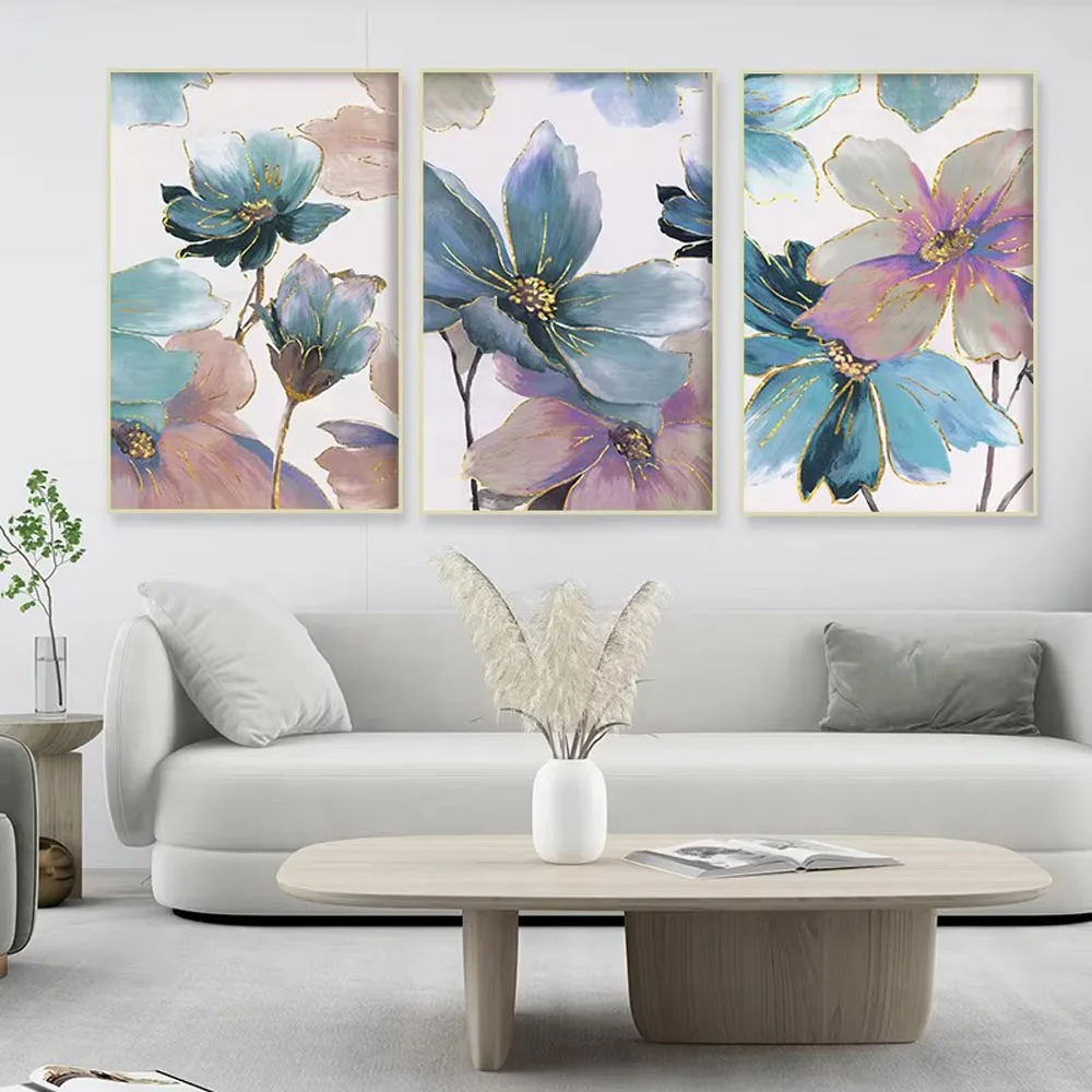 Триптих современный Синий Золотой цветок алмазная живопись абстрактная