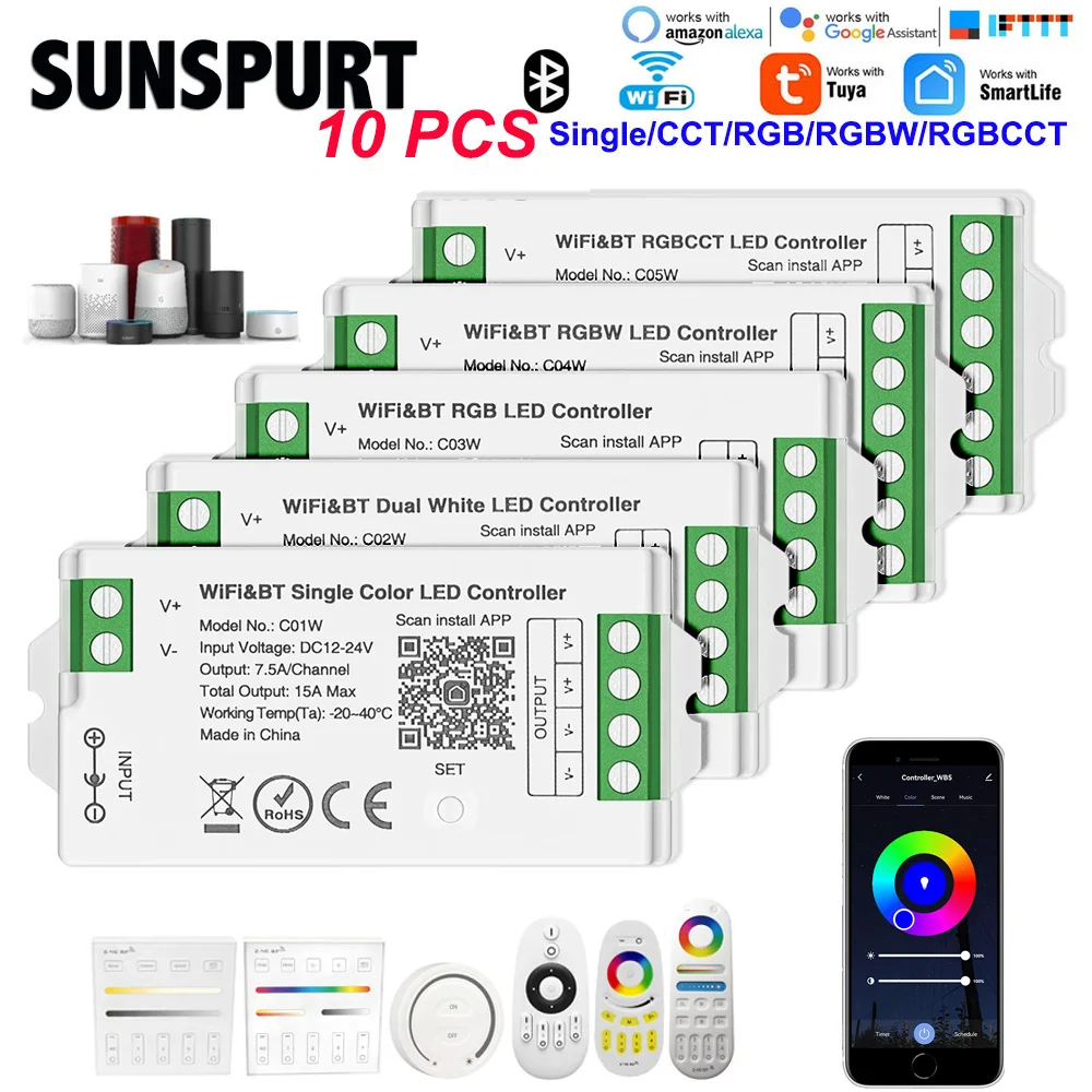 

Светодиодная лента 5 в 1, 10 светодиодов, Wi-Fi, 5 каналов, RGB, RGBW, RGBCCT, Bluetooth, для IOS, Android, Tuya, 12 В и 24 В