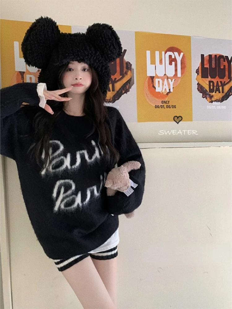 

Korobov Long Sleeve Sweater Female Autumn Lazy Knitting Top Wild Letters Jacquard Pullovers Korean Fashion Sueters De Mujer