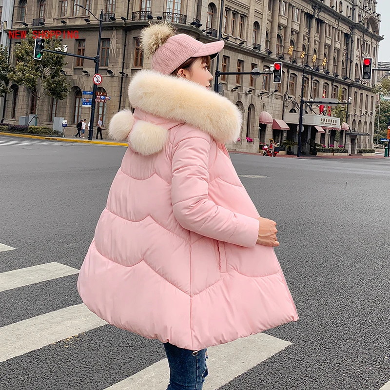 2023 New Winter Jacket Hooded Fur Collar Hairball Sweet Cute Loose Cotton Coat Student Plus Size Long Parkas Women Pink Black