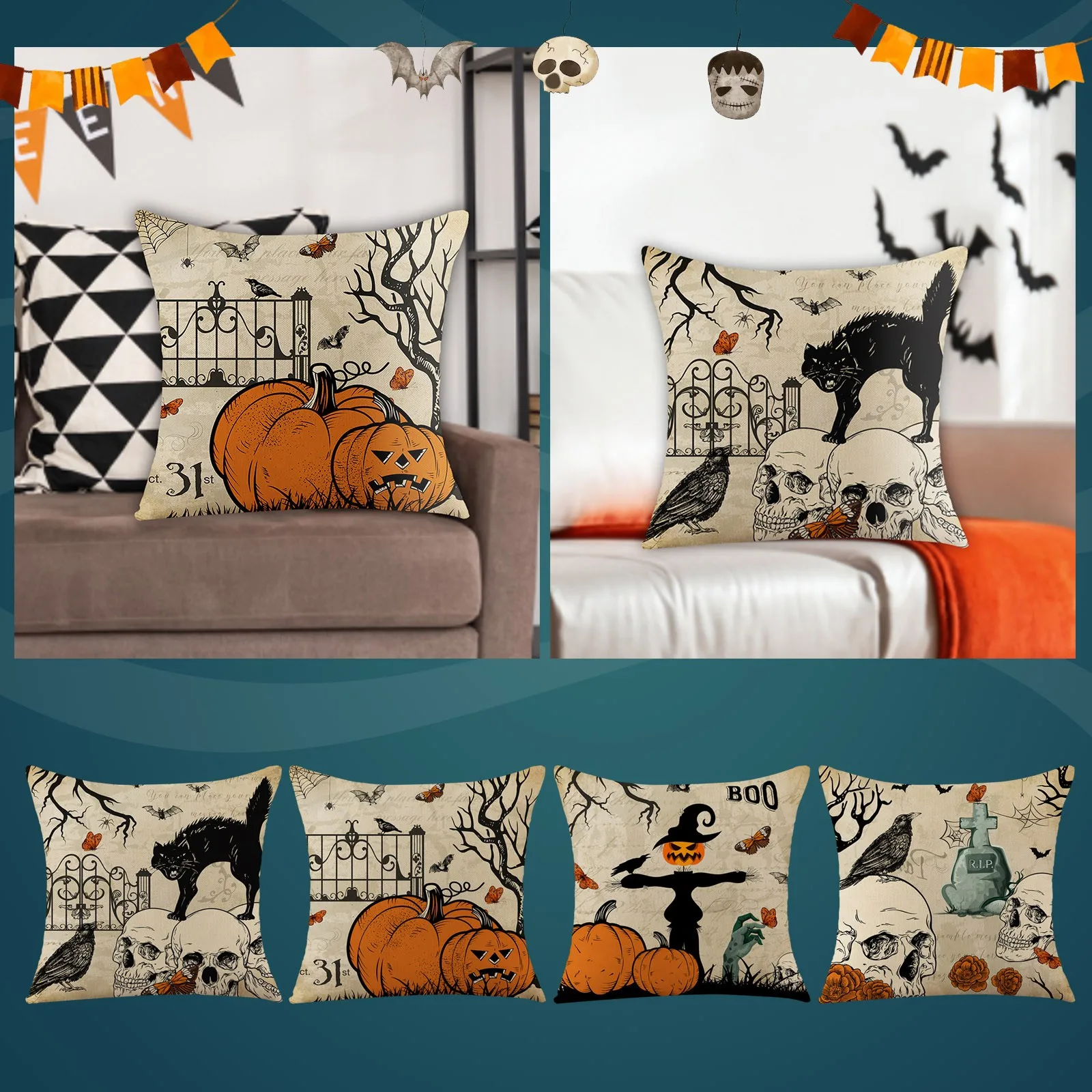 

4PC Halloween Horror Home Sofa Cover Decorative Cushion Pillowcase Bedsore Satin Pillowcase