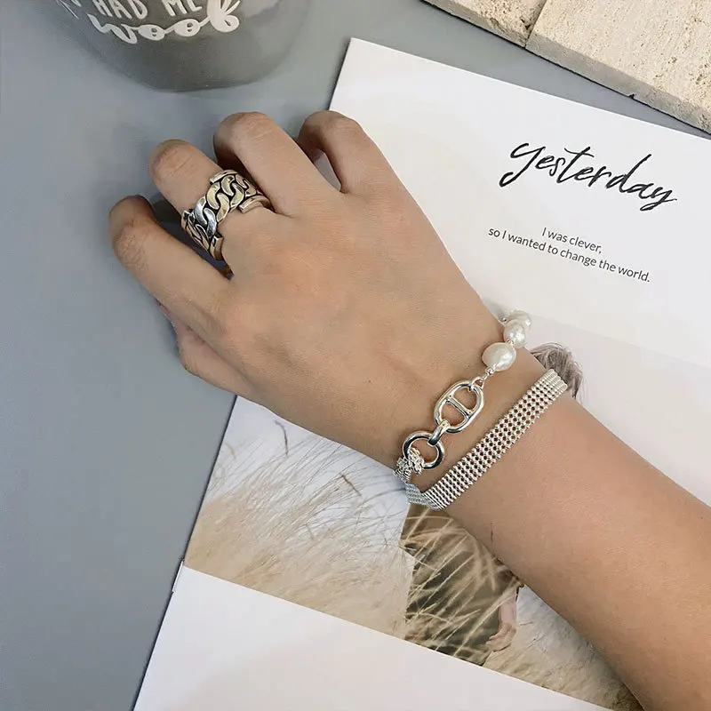 

Korea 925 Sterling Silver Designer Charms Fashion Pearl Pig Nose Chain Silver Bead Bracelet Boho Wrap Bracelet Bangles for Women