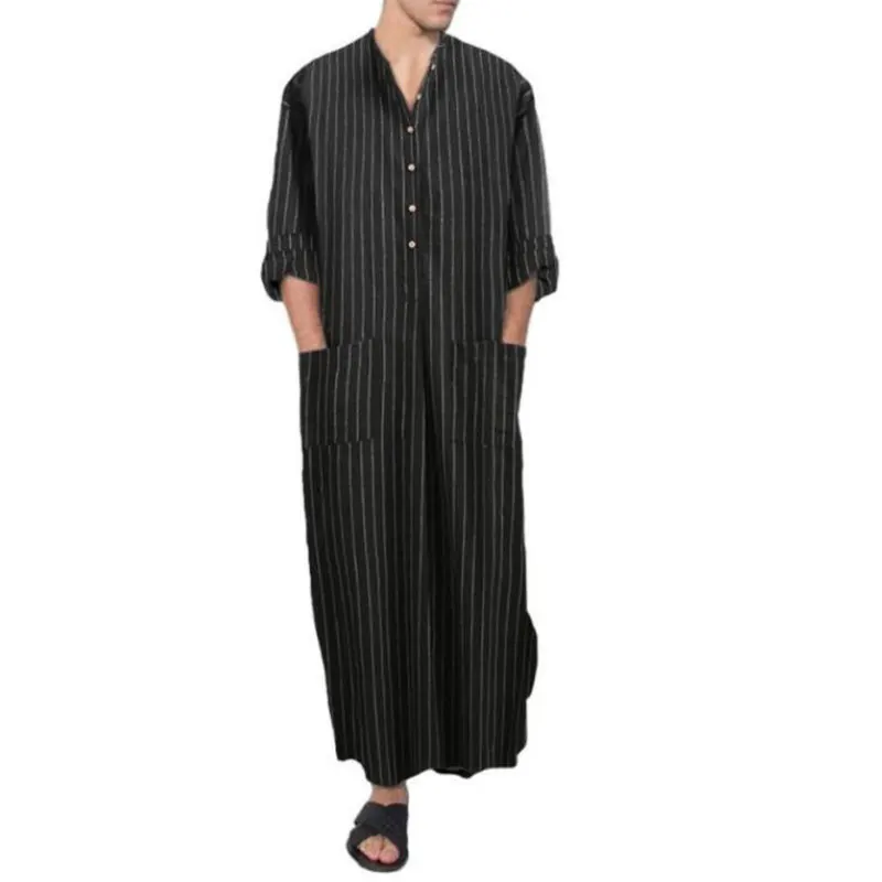 Vertical Stripes Muslim Robes With Pockets Flax Fabric Arabian Dubai Malaysia Casual Men's Shirts Button Long Sleeves One Piece