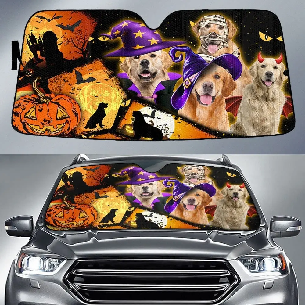 

Костюм золотистого ретривера на Хэллоуин, автомобильный солнцезащитный козырек для лобового стекла, солнцезащитный козырек для собак золотистого ретривера, ведьмы, тыквы, автомобиля, собак