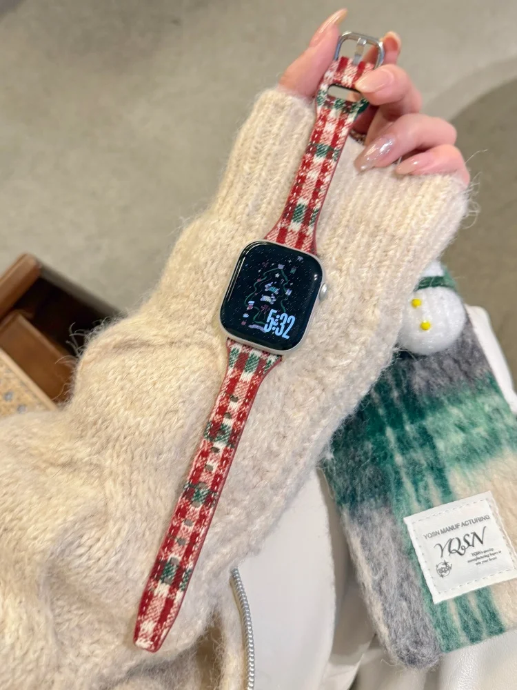 Фото Шерстяной кожаный ремешок в стиле ретро для iWatch Ultra 11 10 9 8 7 6 5 Se 4 Рождественский ремешок для Apple Watch 40 мм 41 мм 42 мм 44 45 мм 46 мм 49 мм №1