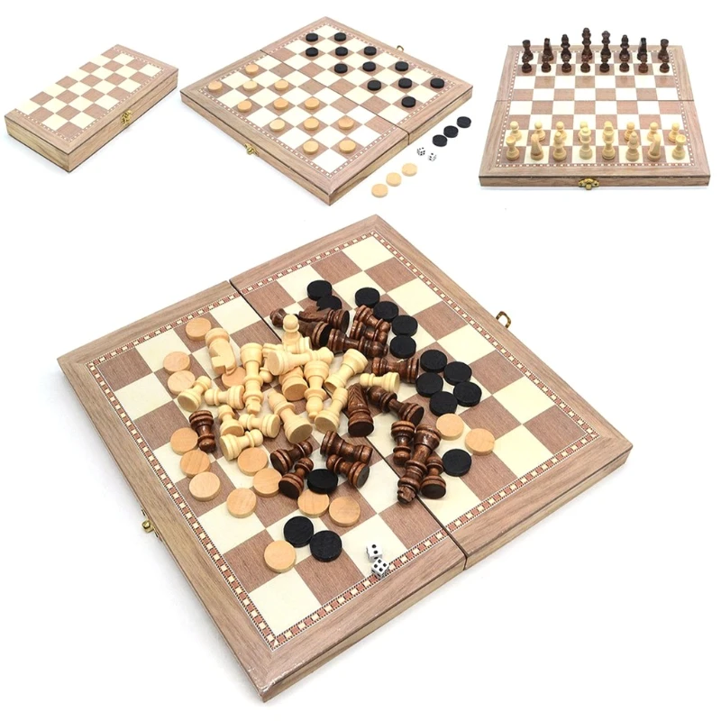 

3-in-1 Wooden Foldable Chess for intelligence Developing Brain Game Board Interactive Classic Chess Board Portable Chess A2UB