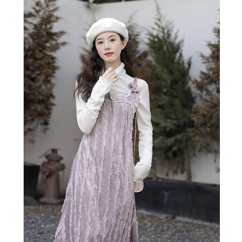 

Women Dress Velvet Office Ladies Elegant Casual Vintage y2k Solid Color Pearl Slip Dresses New Korean Fashion Spring Female Wear