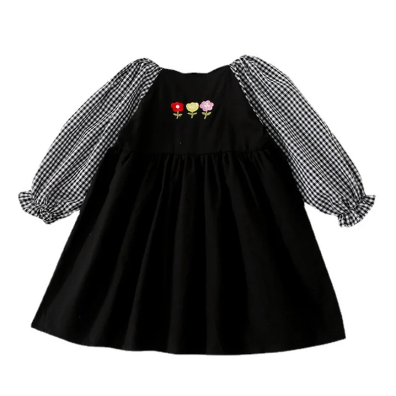 

Baby Girls Plaid Patchwork Dress 2022 Spring New Children Embroidered Princess Dress Kids Retro Clothes, #6756