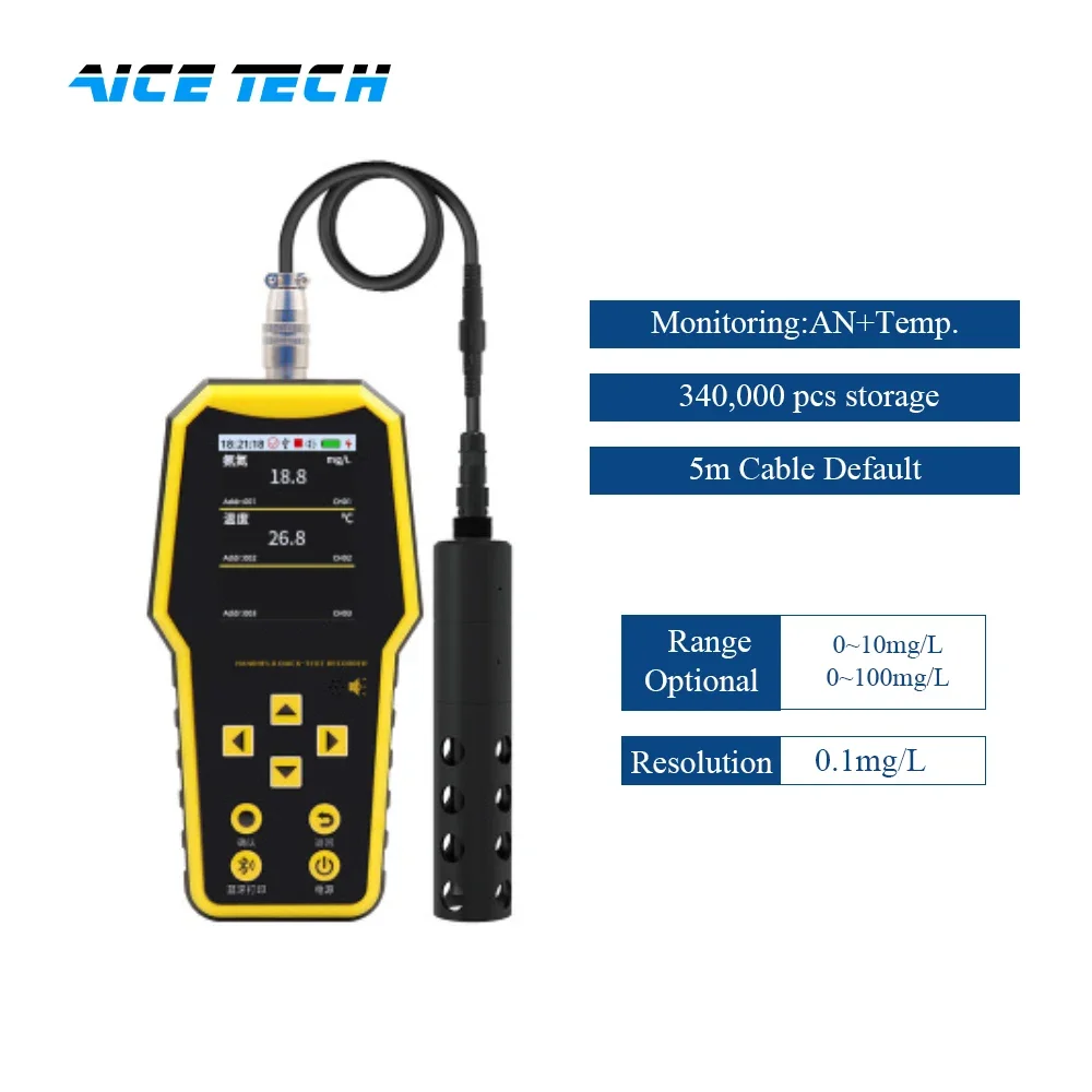 

Aice Tech 0-10mg/L 0-100mg/L 0.1mg/L Resolution Portable Handheld Water Quality PH Ammonia Nitrogen Meter