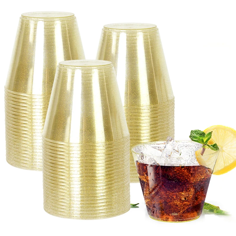 

5Pcs 270ML Party Disposable Plastic Cup Gold Transparent Juice Wine Glass Ice Cream Cake Cup For Wedding Birthday Decor Supplies