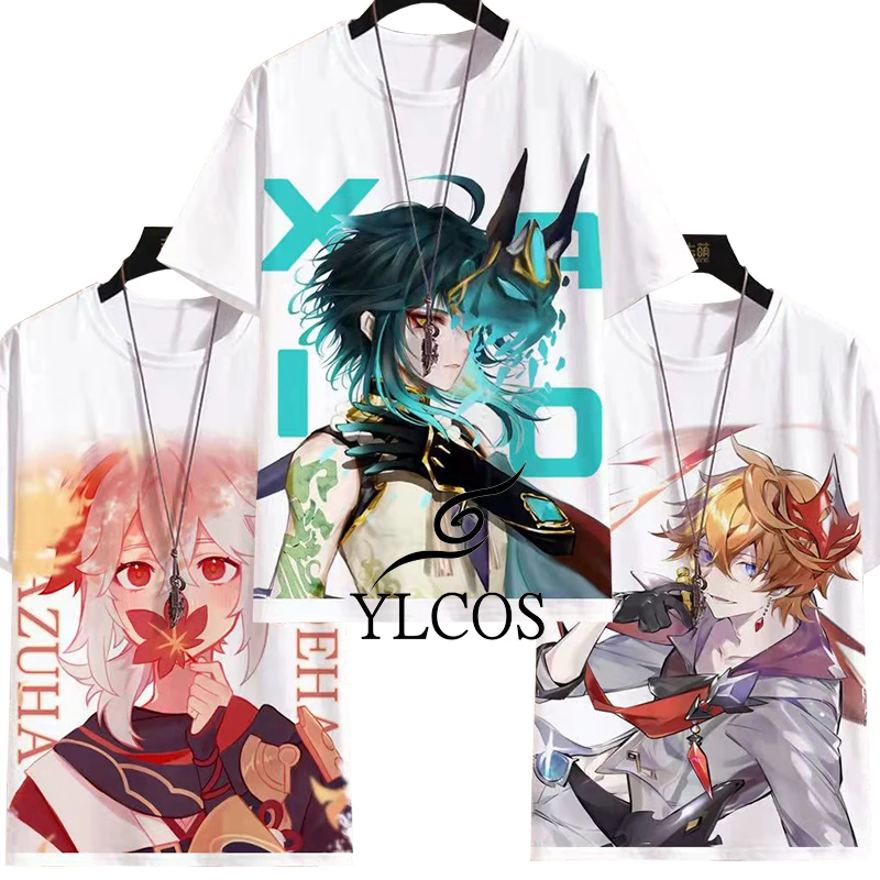 

Новинка, летняя футболка с коротким рукавом для мужчин, женщин, мальчиков, унисекс, геншин, ударная каэдехара, казуха, Кикин, тартаглия, костюмы для косплея