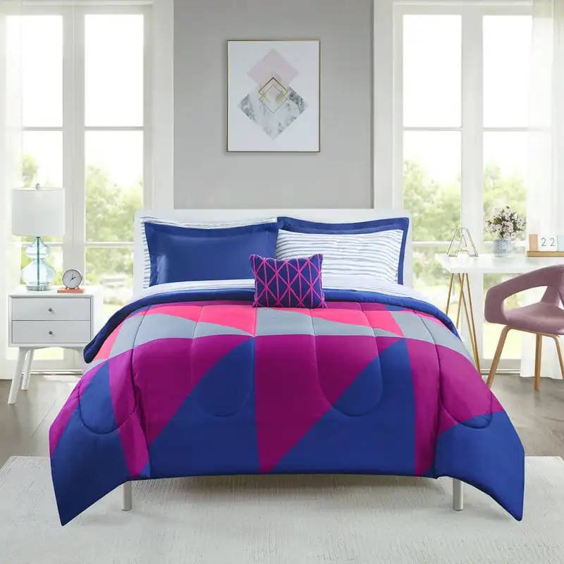 

Purple and Blue Geometric 8 Piece Bed in a Bag Comforter Set with Sheets, King Shrinkage and Fade Resistant Easy Care